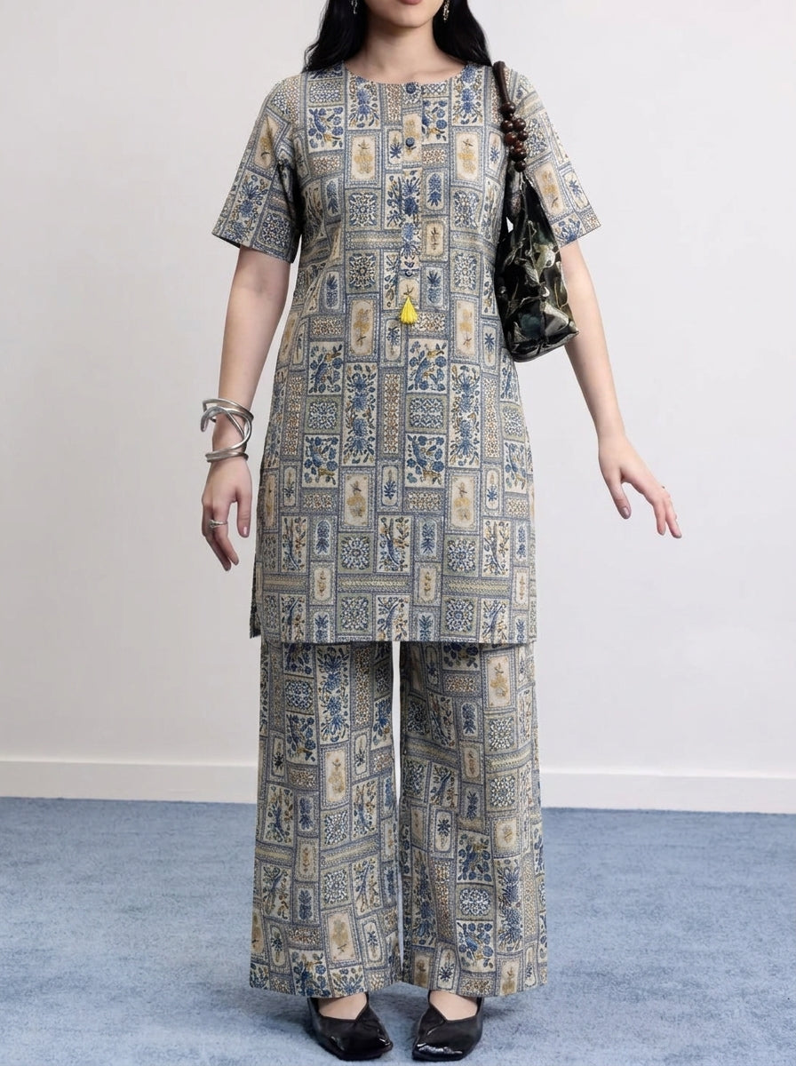 Blue block print kurta set 💙( pockets included )