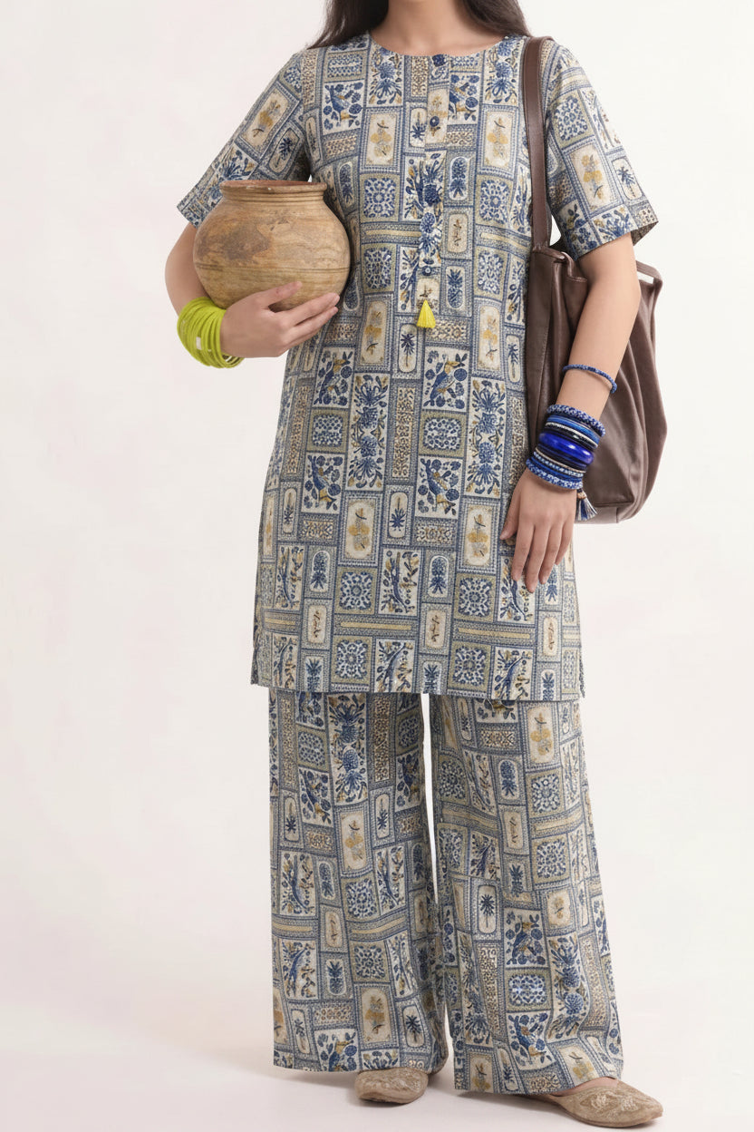 Blue block print set ( pockets included )
