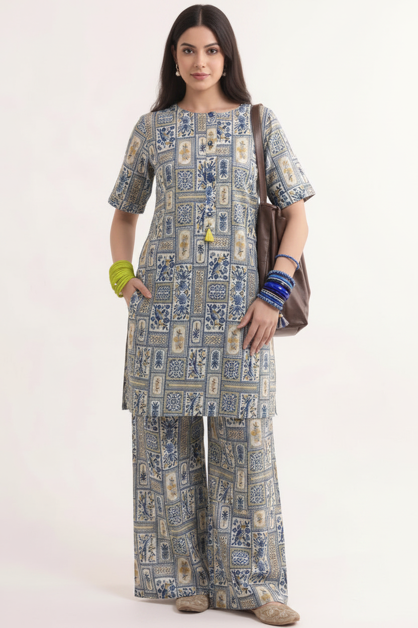 Blue block print set ( pockets included )