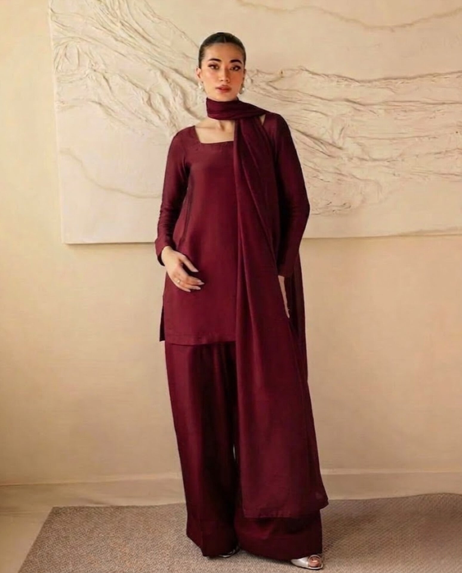 3pc berry maroon set with straight trousers